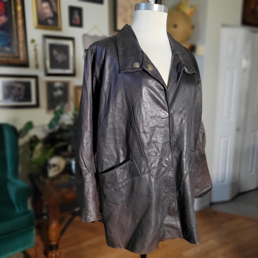 Luigui‎ M Genuine Leather Jacket RARE Vintage 90s Brown Collared Coat Women's